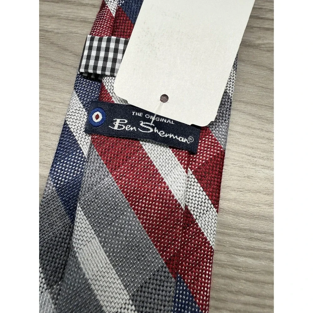 Ben Sherman Necktie Mens OS Red Blue White New Silk‎ Blend Plaid Slim Tie